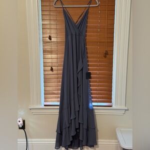 Lulu's Slate Blue V-Neck Ruffle-Trim Maxi Dress